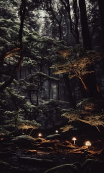 Moonlit Forest Glade. Amidst ancient trees, a moonbeam illuminates a hidden glade. Dew-kissed mushrooms glow softly, and fireflies dance in the night. Ethereal beauty of this mystical meeting place.