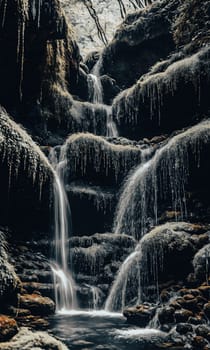 Enchanted Waterfall. A waterfall cascades down moss-covered rocks, revealing a secret grotto behind its veil. Crystal-clear water sparkles with hints of magic, and colorful flowers bloom along the banks.