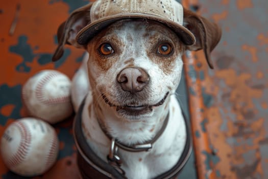 Dog playing and wearing a baseball.