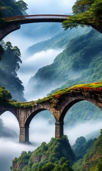 Rainbow Bridge. Arching across a misty gorge, a rainbow bridge connects two worlds. Its colors shift with the light, and travelers-human or magical, cross between realms. The bridge's ephemeral beauty.