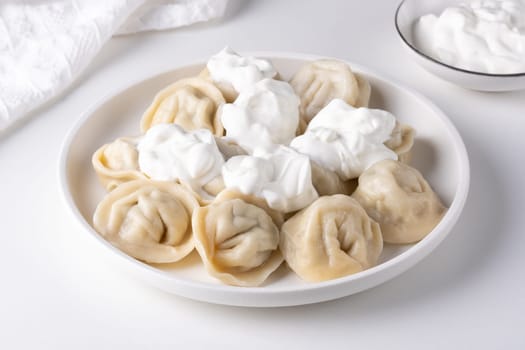 Traditional pelmeni, ravioli, dumplings filled with meat on plate, russian kitchen.