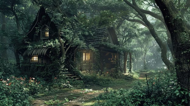 Fantasy hut in greenery hiding in the forest AI