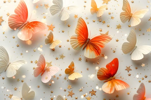 A Vertebrate, Pollinator, Insect, Petal, Botany, Nature, Plant, Orange, Organism, Butterfly collection with butterflies and stars on a white surface