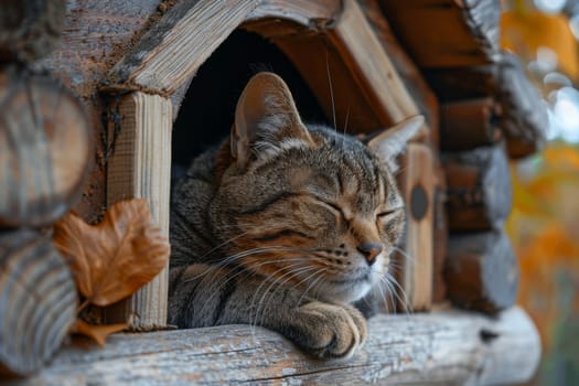 A Cats are laying on a wooden structure.