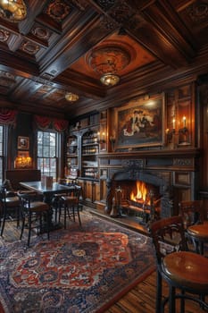 Old English pub with dark wood, cozy fireplaces, and traditional ale taps8K