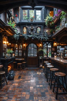 Old English pub with dark wood, cozy fireplaces, and traditional ale taps8K