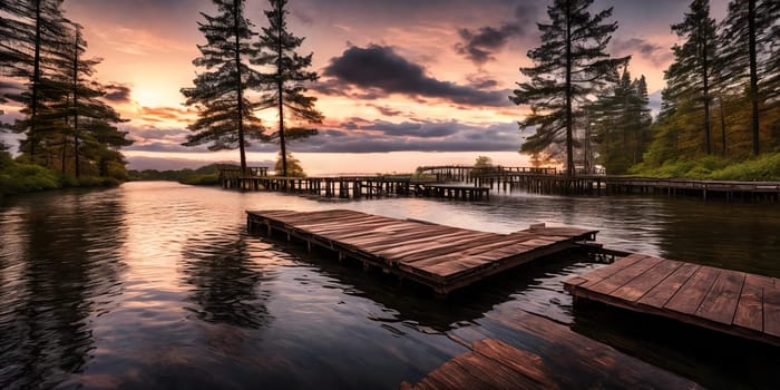 A vibrant sunset paints the sky over a tranquil forest lake pier Reflecting the golden hues on the calm waters below Generative AI