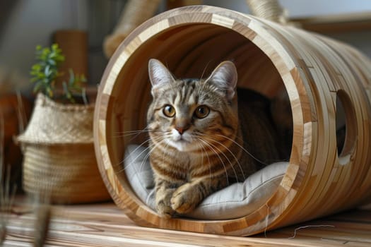 A Cats are laying on a wooden structure.