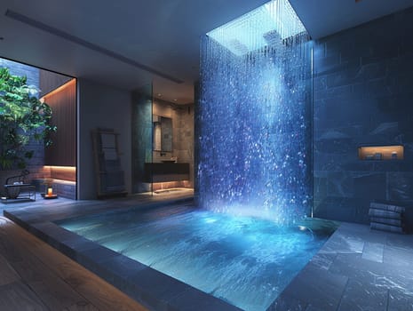 Contemporary bathroom with a glass-enclosed waterfall shower and ambient lightingHyperrealistic