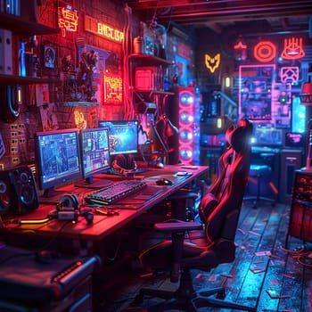 Cyberpunk gaming den with neon lights and high-tech setupsHyperrealistic