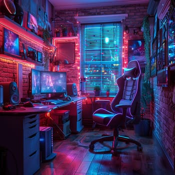 Cyberpunk gaming den with neon lights and high-tech setupsHyperrealistic