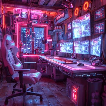 Cyberpunk gaming den with neon lights and high-tech setupsHyperrealistic