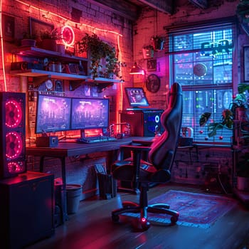 Cyberpunk gaming den with neon lights and high-tech setupsHyperrealistic