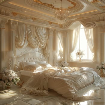 Elegant bridal suite with soft lighting and delicate decorHyperrealistic