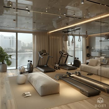 Functional and stylish home gym with mirrored walls and modern equipmentHyperrealistic