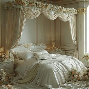 Elegant bridal suite with soft lighting and delicate decorHyperrealistic