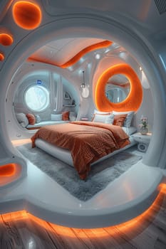 Futuristic bedroom with dynamic lighting and modular furniture8K