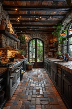 Italian villa kitchen with terracotta tiles and a rustic stone ovenHyperrealistic