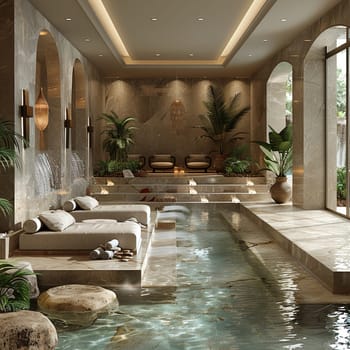 Luxurious spa reception with water features and tranquil music8K
