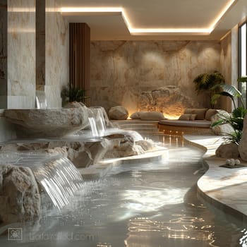 Luxurious spa reception with water features and tranquil music8K