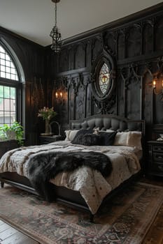 Modern Gothic bedroom with dark colors and dramatic decor8K