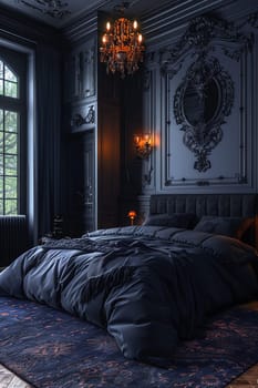 Modern Gothic bedroom with dark colors and dramatic decor8K