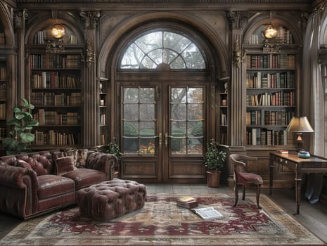 Old-world study with rich wood paneling and a hidden bookcase doorHyperrealistic