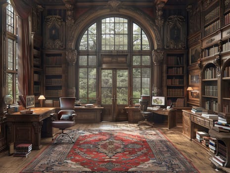 Old-world study with rich wood paneling and a hidden bookcase doorHyperrealistic
