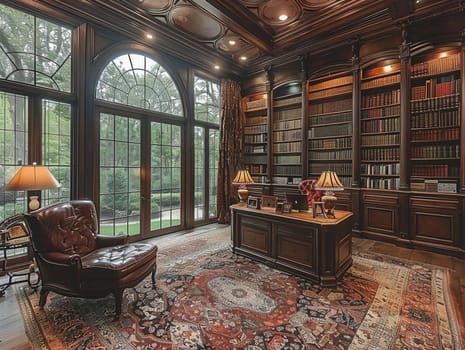 Old-world study with rich wood paneling and a hidden bookcase doorHyperrealistic