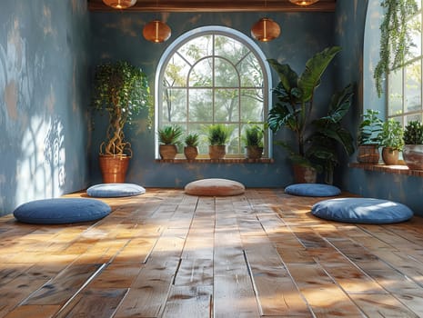 Peaceful yoga studio with natural wood floors and calming colors8K