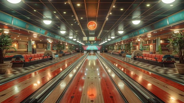 Retro bowling alley with vintage lanes and a classic snack barHyperrealistic