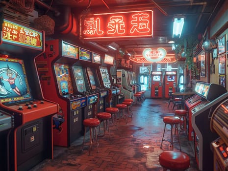 Retro game room with vintage arcade machines and a neon signHyperrealistic