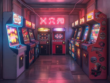 Retro game room with vintage arcade machines and a neon signHyperrealistic