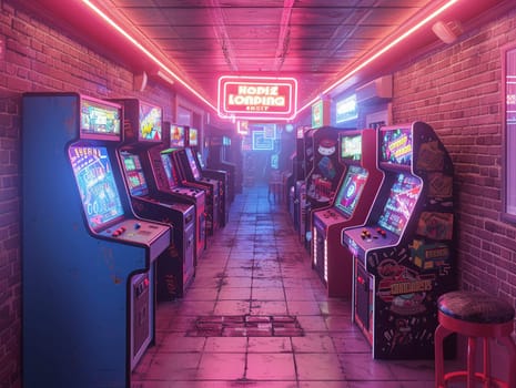 Retro game room with vintage arcade machines and a neon signHyperrealistic