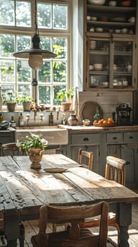 Rustic farmhouse kitchen with a large wooden table and antique fixturesHyperrealistic
