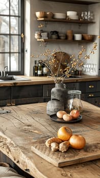 Rustic farmhouse kitchen with a large wooden table and antique fixturesHyperrealistic