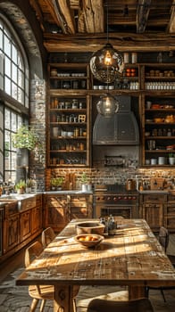 Rustic farmhouse kitchen with a large wooden table and antique fixturesHyperrealistic