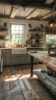 Rustic farmhouse kitchen with a large wooden table and antique fixturesHyperrealistic