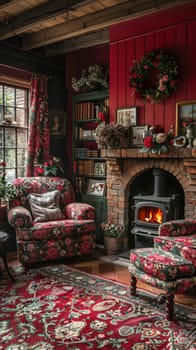 Traditional English cottage living room with floral patterns and cozy fireplace8K