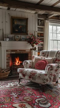 Traditional English cottage living room with floral patterns and cozy fireplace8K