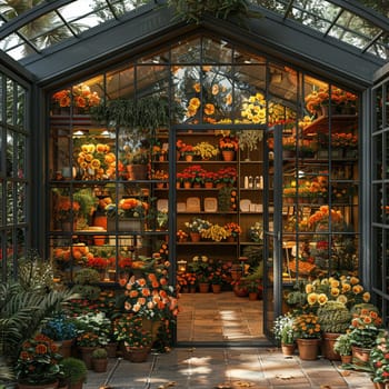 Victorian greenhouse with a collection of exotic plants and flowersHyperrealistic