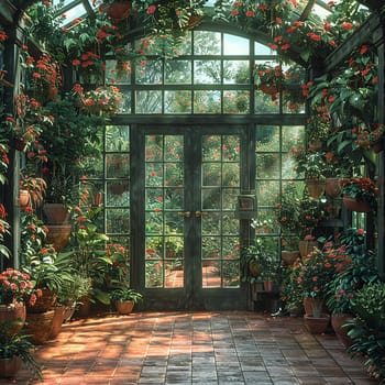 Victorian greenhouse with a collection of exotic plants and flowersHyperrealistic