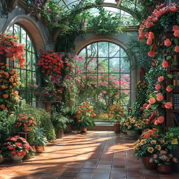 Victorian greenhouse with a collection of exotic plants and flowersHyperrealistic