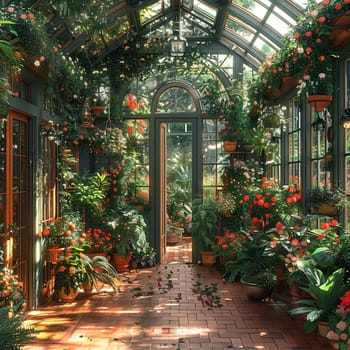 Victorian greenhouse with a collection of exotic plants and flowersHyperrealistic