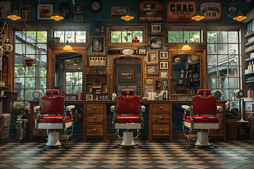 Vintage barbershop interior with classic chairs and nostalgic decorHyperrealistic