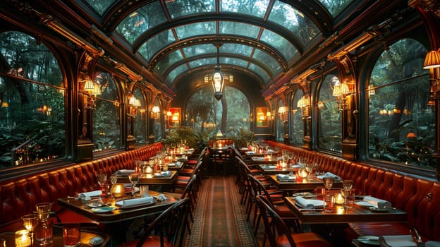 Vintage train car dining experience with period details and intimate seatingHyperrealistic