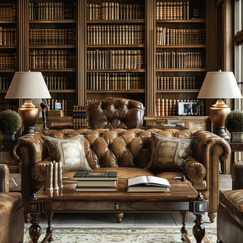 Vintage-inspired study with leather-bound books and a classic writing deskHyperrealistic