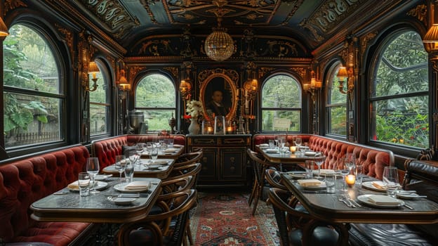 Vintage train car dining experience with period details and intimate seatingHyperrealistic