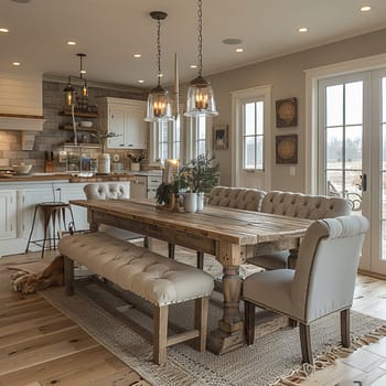 Warm and inviting dining room with a rustic farmhouse table and candle chandelier8K