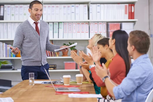 Business people, meeting and applause for presentation, discussion and motivation in office. Colleagues, communication and cheering or clapping for strategy, celebration and agreement in boardroom.